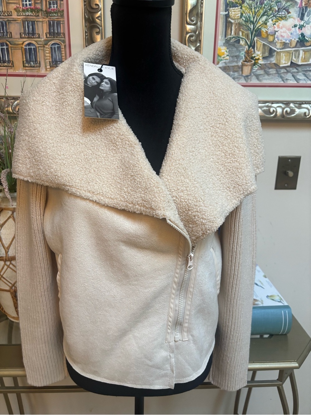 Kendall & Kylie Cream Faux Shearling Sherpa Collar Teddy Sweater Jacket Size M